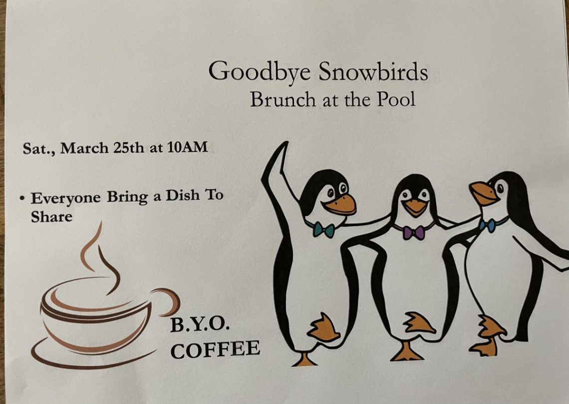 Goodbye Snowbirds Brunch at the Pool Sat., March 25th at 10AM • Everyone Bring a Dish To Share B.Y.O. COFFEE
